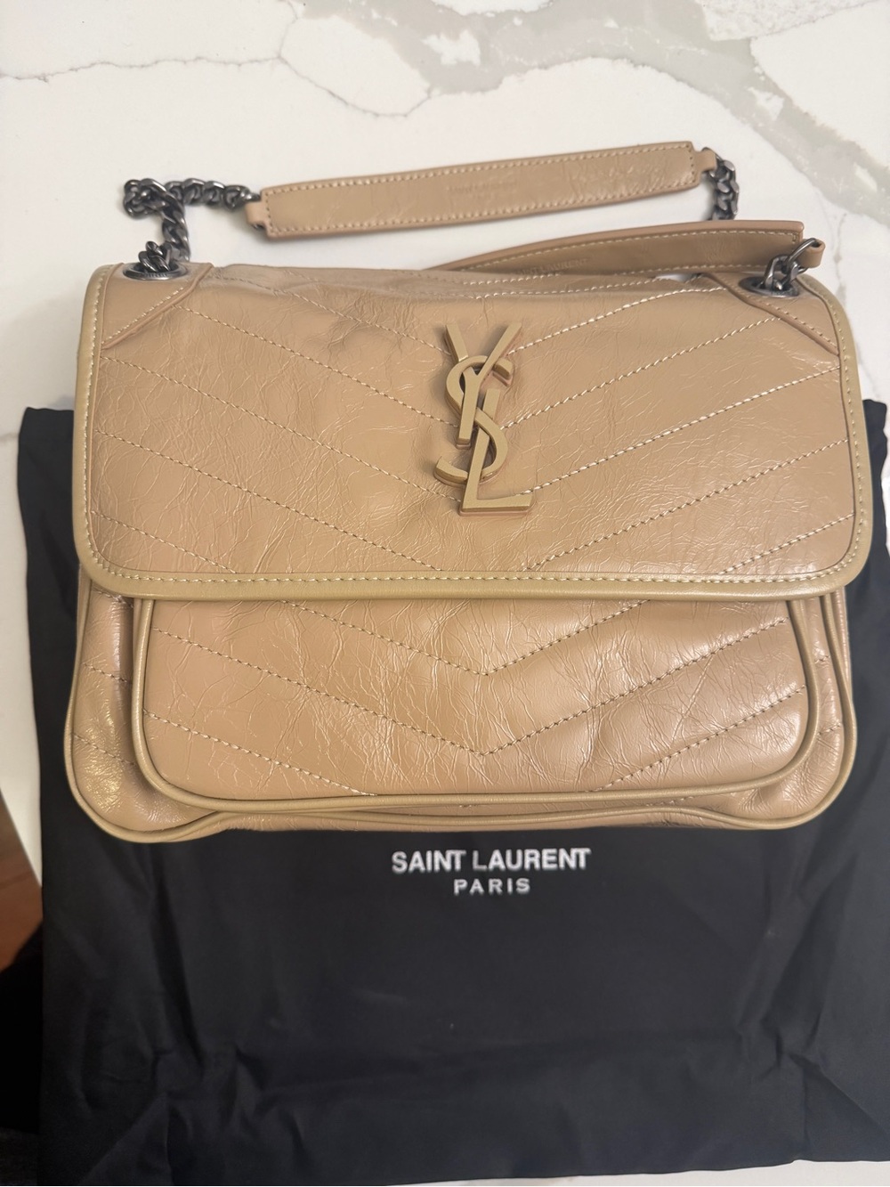 Saint Laurent Tan Chevron Quilted Leather Shoulder Bag with YSL Monogram